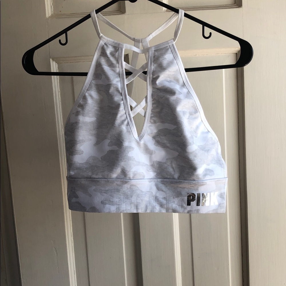 PINK Victoria's Secret White Gray Camo Strappy Sports Bra
